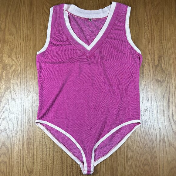 Free People Rib Trim V-Neck Bodysuit Pink Cotton Sleeveless – nWOT S - Picture 2 of 7
